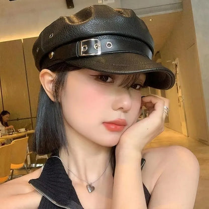 PU Leather Military Cap – Flat Top Sailor Beret with Chain Detail