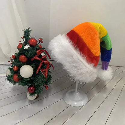 Rainbow Christmas Santa Hat – Long Plush Festive Holiday Cap