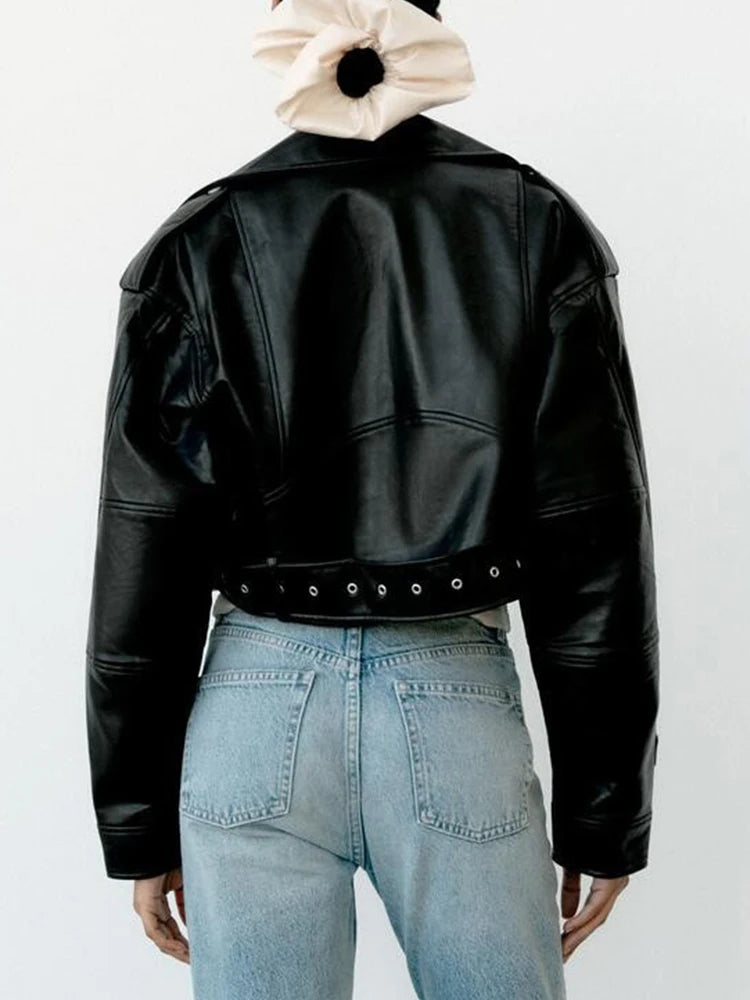 Women's Faux Leather Moto Jacket with Belt – Short Biker Style