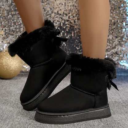 Snow Boots for Women – Fluffy Bow Flat Winter Ankle Boots with Plush Lining