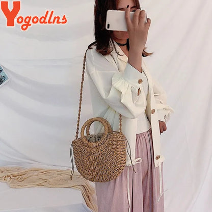 Handmade Half-Round Rattan Woven Straw Crossbody Bag for Women