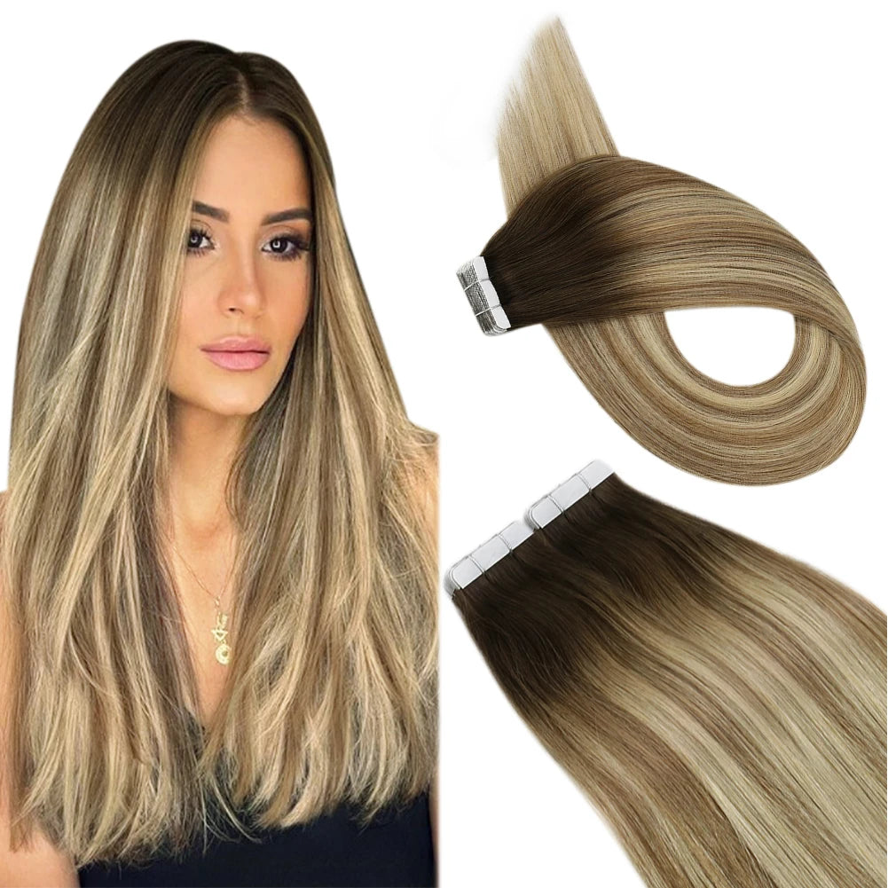 Ugeat Tape Hair Extensions Human Real Natural Brazilian Remy Straight Seamless Skin Weft Women