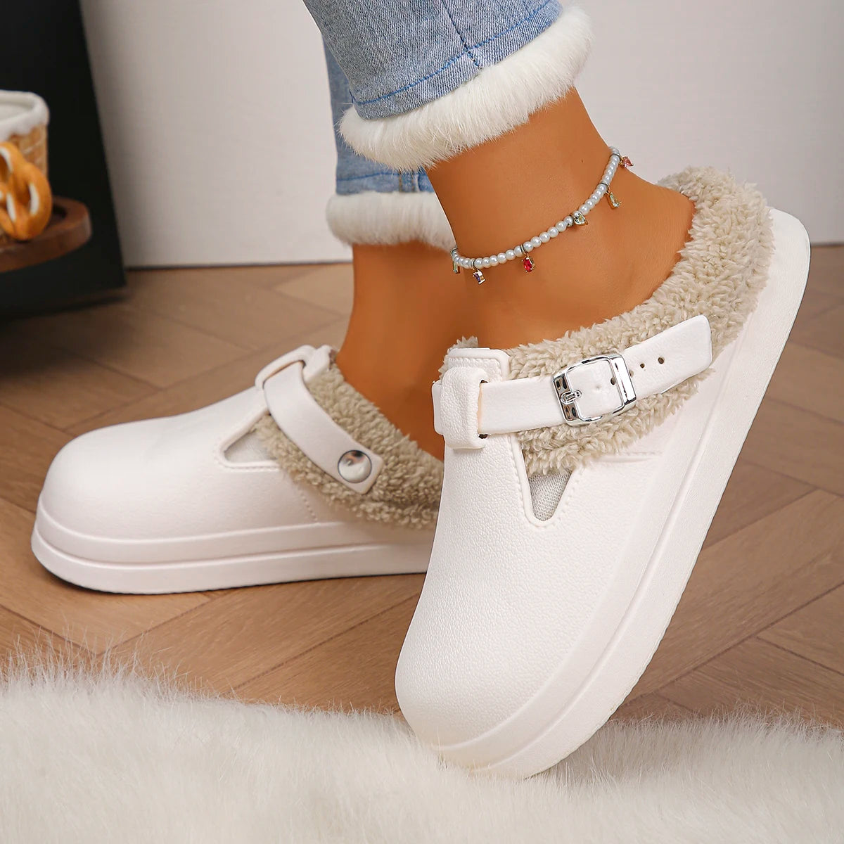 Furry Mule Slippers Women Winter Plush Warm EVA Thick Sole Metal Buckle Non-Slip