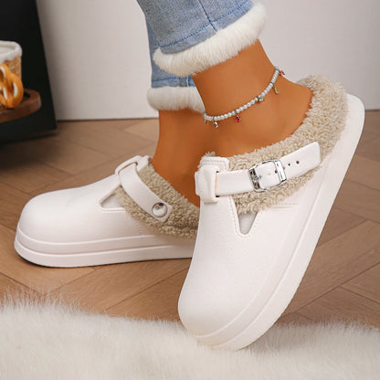 Furry Mule Slippers Women Winter Plush Warm EVA Thick Sole Metal Buckle Non-Slip