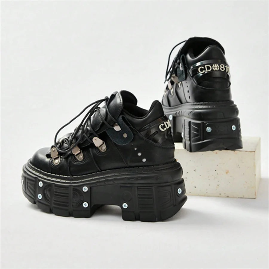 Punk Gothic Platform Ankle Sneakers – Metal Hardware Lace-Up