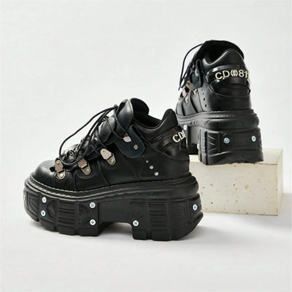 Punk Gothic Platform Ankle Sneakers – Metal Hardware Lace-Up