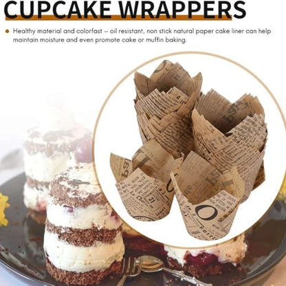 Newspaper Print Tulip Cupcake Liners – 50 Pack, Kraft Paper