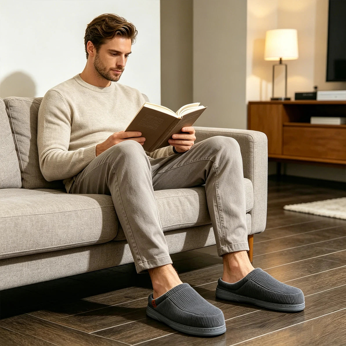Warm Slippers Men Tpr Sole Memory Foam Soft Cushion Non Slip Stripe Design Comfortable Corduroy