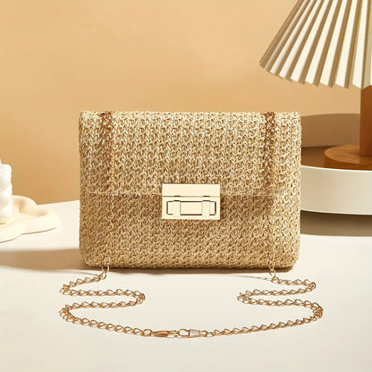 Woven Straw Crossbody Bag with Gold Chain & Lock Closure