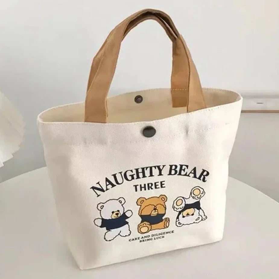 Canvas Tote Bag Women's Cute Bear Print Small Handbag