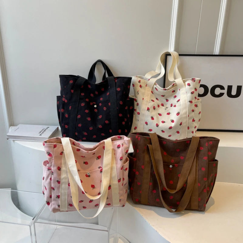 Corduroy Strawberry Print Tote Bag – Cute Shoulder Bag