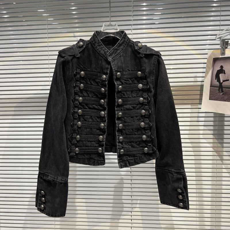 Women's Punk Military Denim Jacket – Vintage Washed Stand Collar Moto Coat