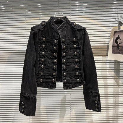 Women's Punk Military Denim Jacket – Vintage Washed Stand Collar Moto Coat