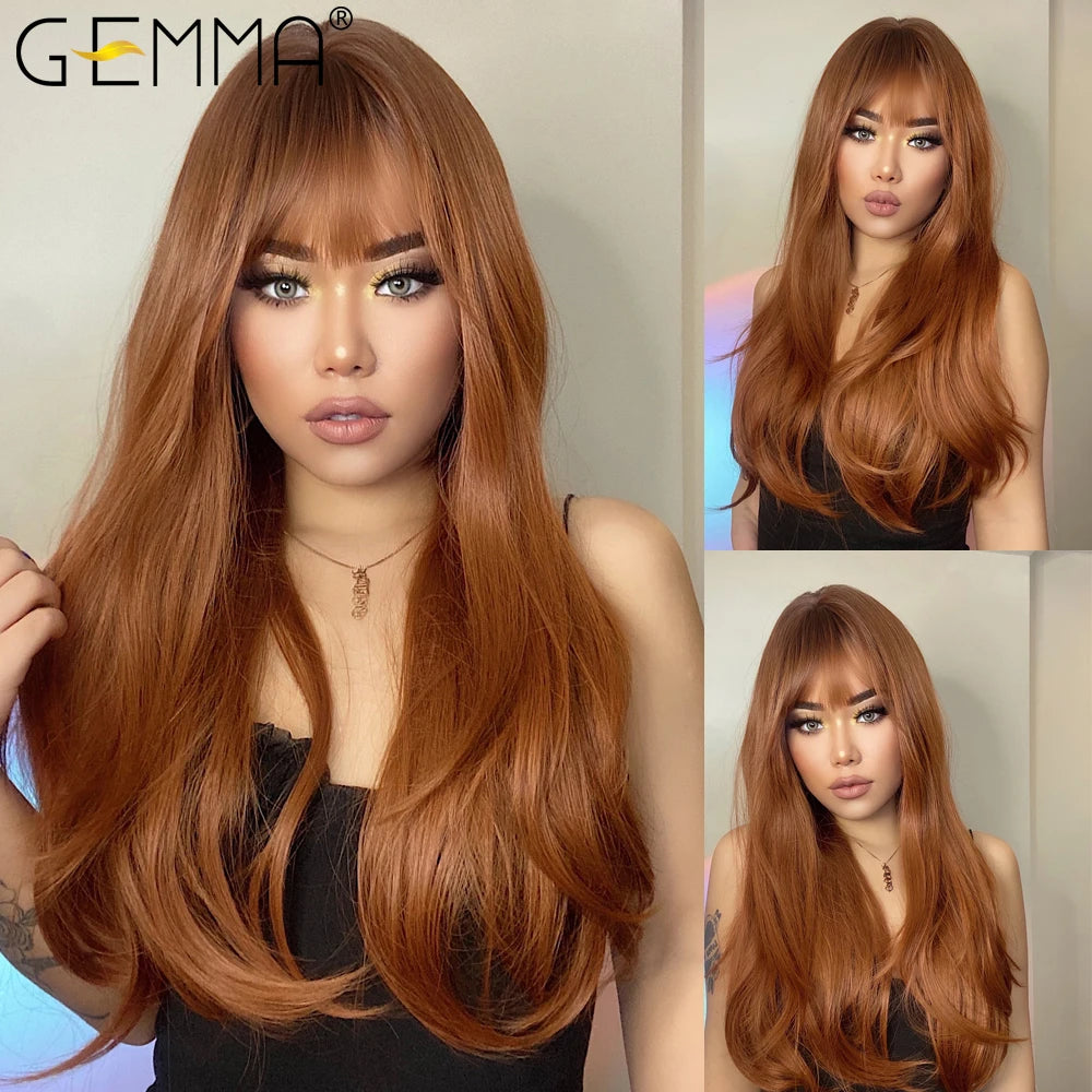 Gemma Ombre Brown Blonde Long Straight Synthetic Wigs Bangs Cosplay Wig Women Temperature Natural