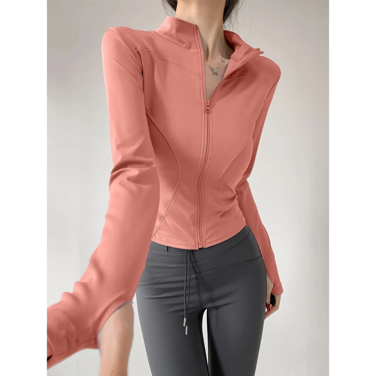 Women's Slim-Fit Zip-Up Yoga Jacket – Long Sleeve Athletic Running Coat