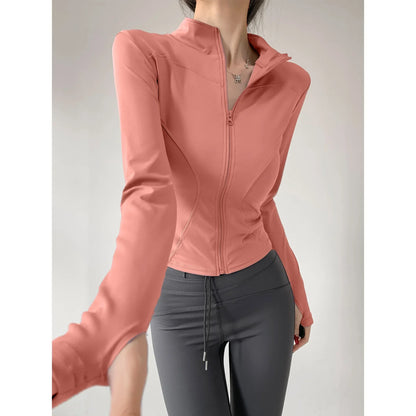 Women's Slim-Fit Zip-Up Yoga Jacket – Long Sleeve Athletic Running Coat