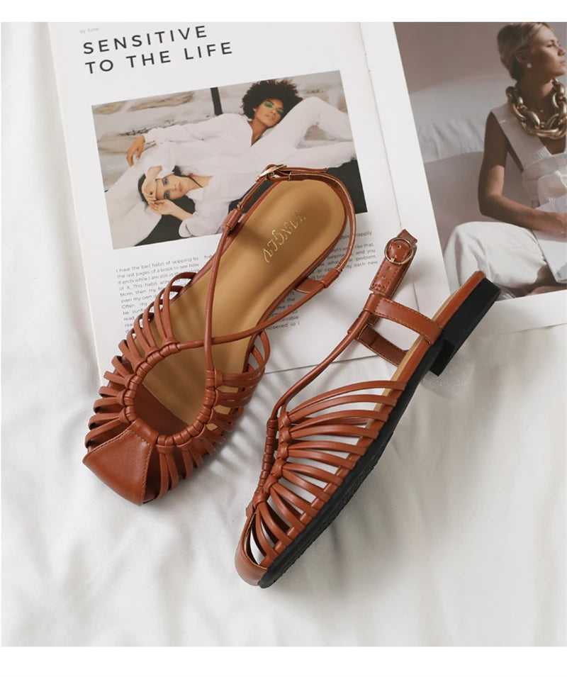 Women's Flat Roman Cage Sandals – Narrow Strap Square Toe