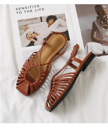 Women's Flat Roman Cage Sandals – Narrow Strap Square Toe