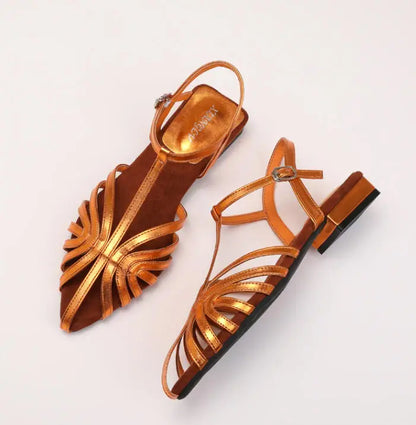 Women's Roman Strappy Sandals – Pointed Toe Low Heel T-Strap