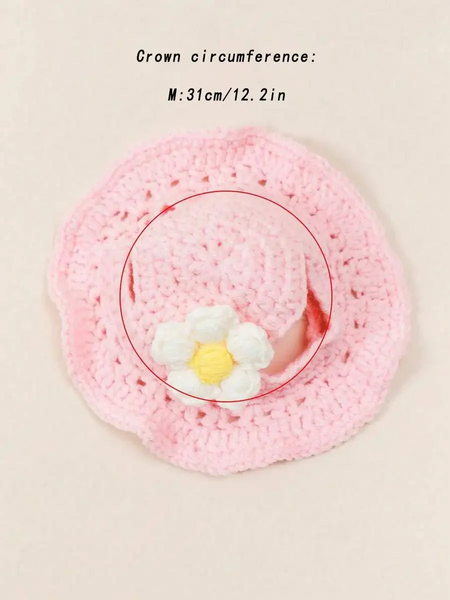 Knitted Pet Bucket Hat with Flower for Cats & Small Dogs