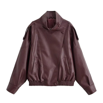 Women's Faux Leather Pilot Jacket – Zip-Up Casual Outwear for Fall & Winter