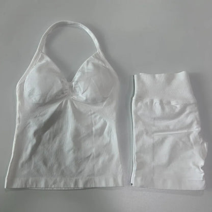 Women's 2-Piece Seamless Workout Set – Backless Tank Top & Scrunch Shorts