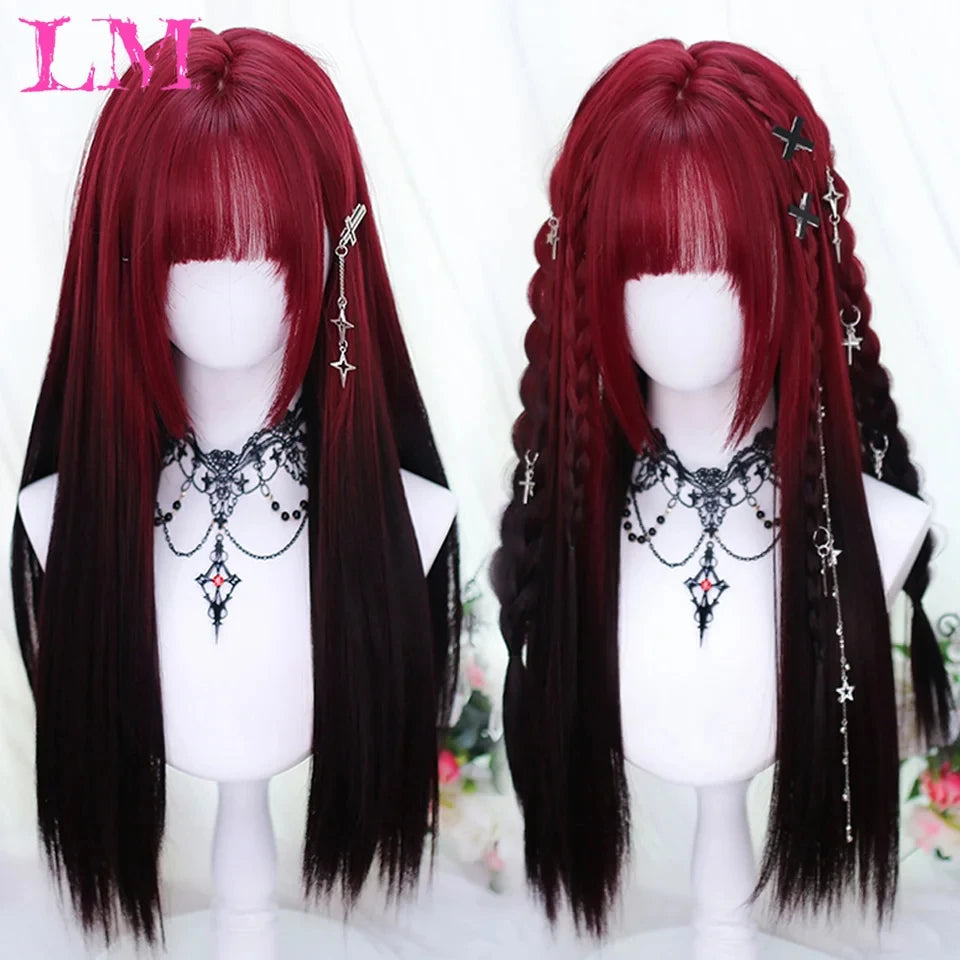 Lm Cosplay Wig Bangs Synthetic Straight Hair 24 Inch Long Heat-Resistant Pink Women