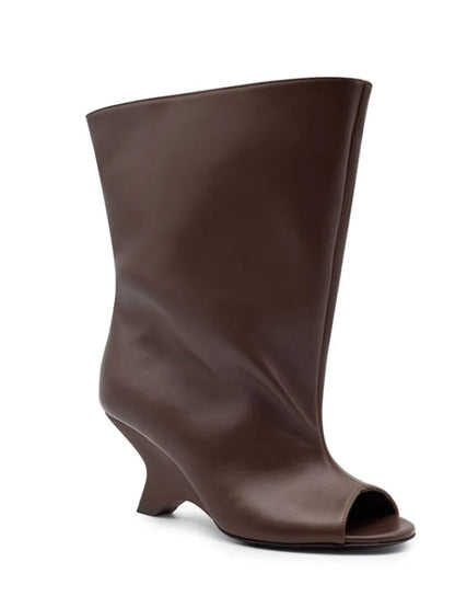 Women's Peep Toe Knee-High Boots with Slant Wedge Heel