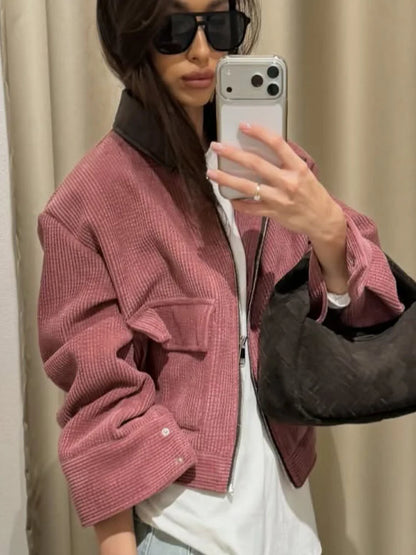 Women's Casual Corduroy Zip-Up Jacket with Pockets