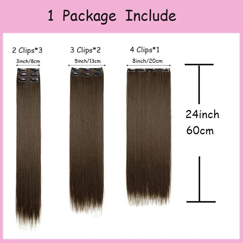 Clip-In Hair Extensions 6-Piece Set Long Straight Synthetic Seamless
