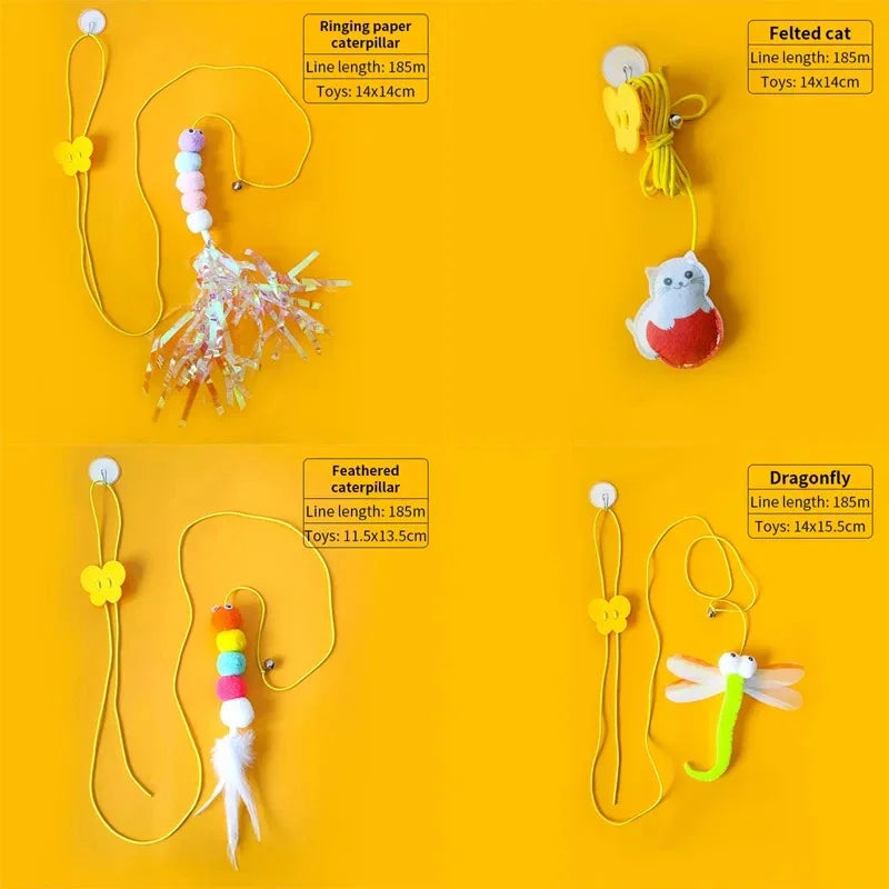 Feather Caterpillar Cat Toy – Retractable Rope with Colorful Pom-Poms