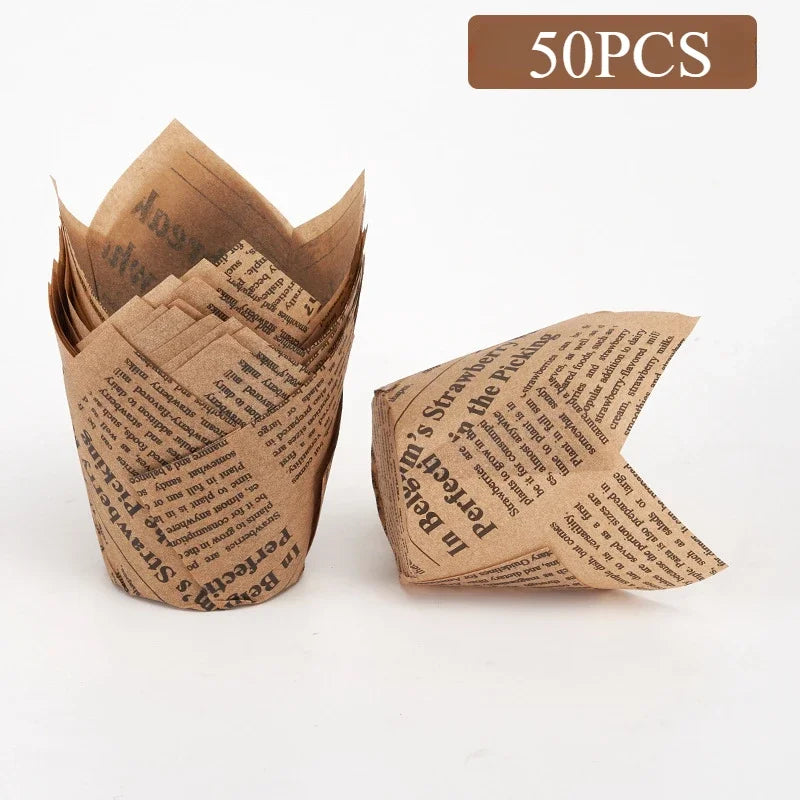 Newspaper Print Tulip Cupcake Liners – 50 Pack, Kraft Paper