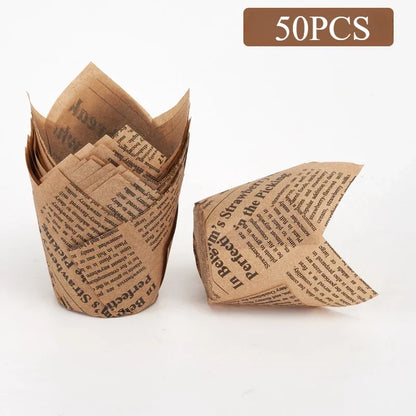 Newspaper Print Tulip Cupcake Liners – 50 Pack, Kraft Paper