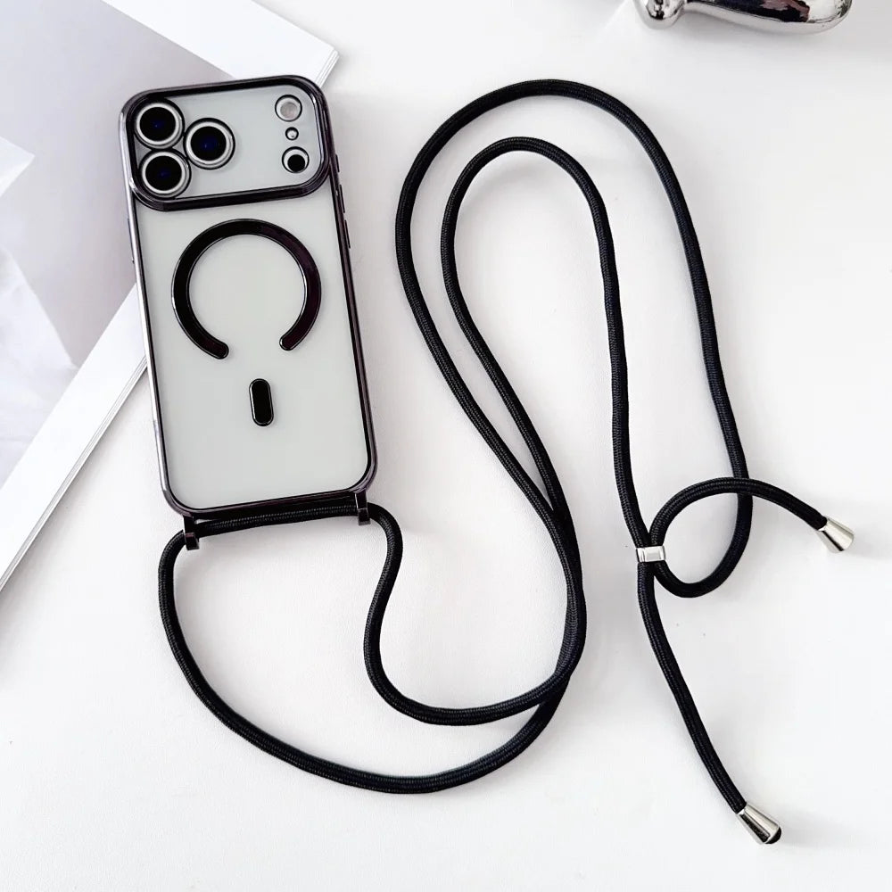 Luxury Necklace Cord Rope Lanyard Plating Magnetic Clear Phone Case Iphone 17 16 14 11 12 13 15 Pro