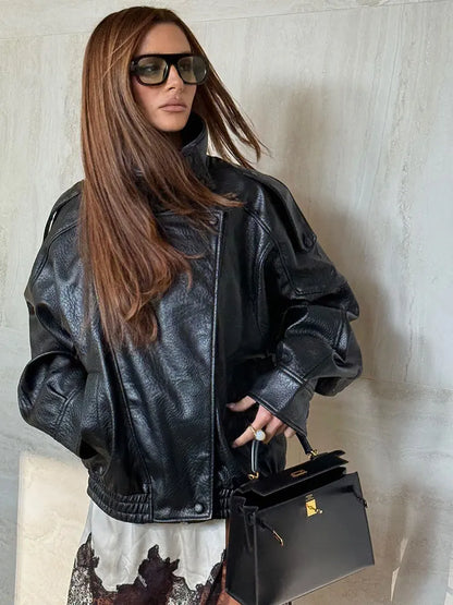 Women's Oversized Faux Leather Moto Jacket