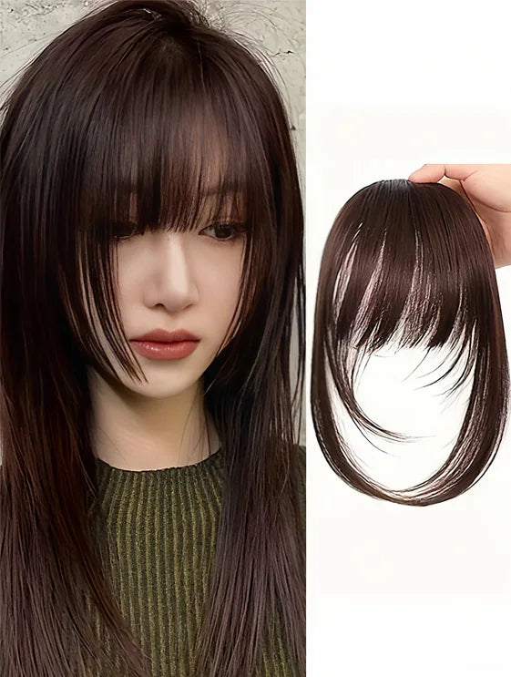 Synthetic Hair Clip-In Bangs Cut Wispy Fringe Sideburns Dark Brown Natural Look Women Daily Party
