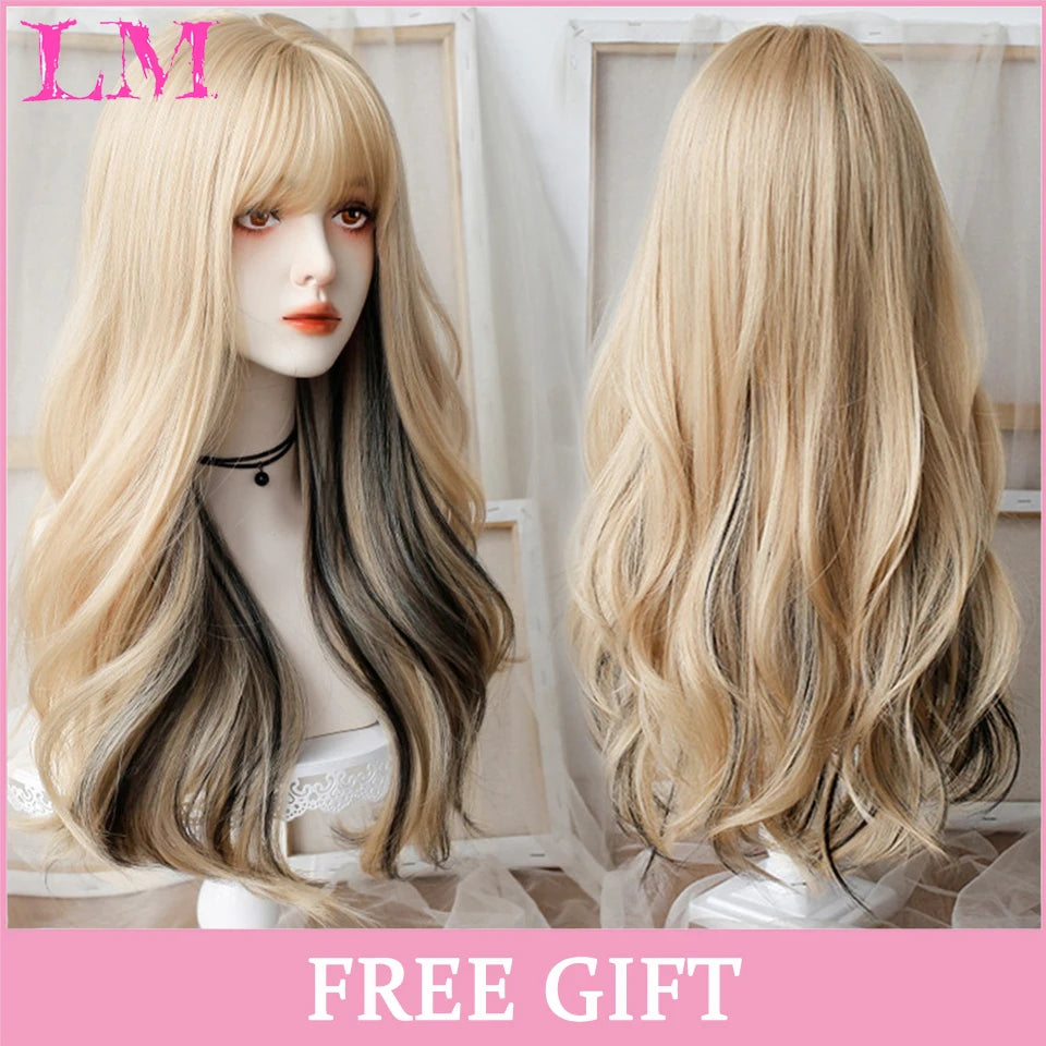 Lm Cosplay Wig Bangs Synthetic Straight Hair 24 Inch Long Heat-Resistant Pink Women