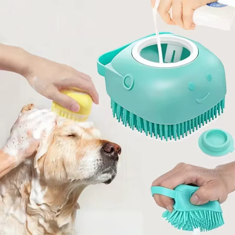 Silicone Pet Bath Massage Brush with Shampoo Dispenser