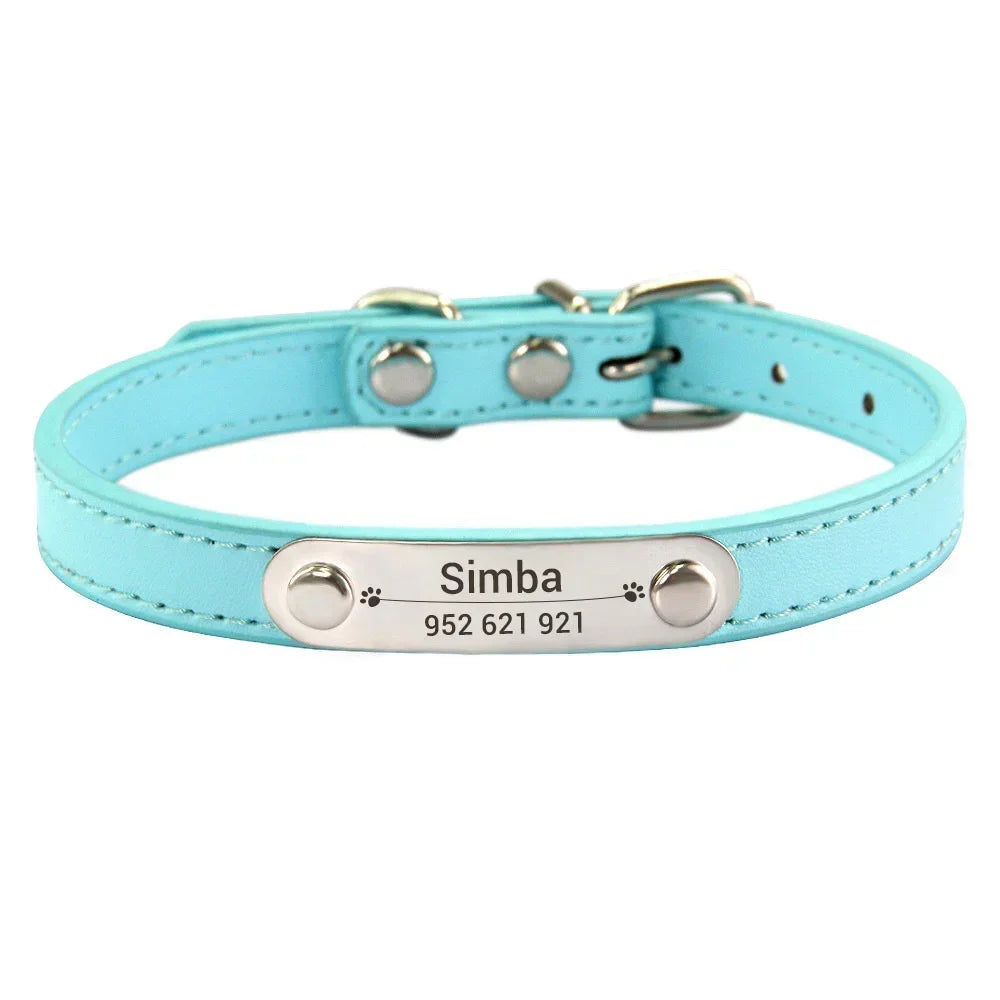Personalized Dog Collar with Engraved ID Nameplate – PU Leather