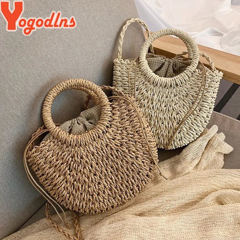 Handmade Half-Round Rattan Woven Straw Crossbody Bag for Women