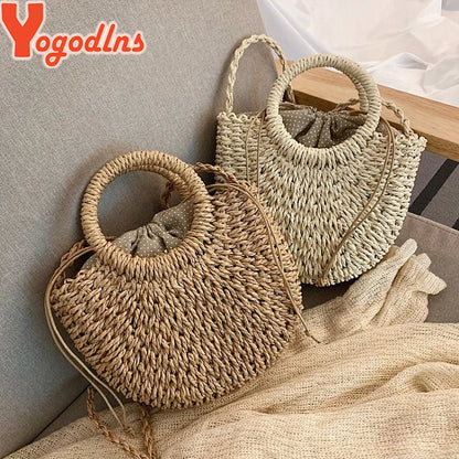 Handmade Half-Round Rattan Woven Straw Crossbody Bag for Women