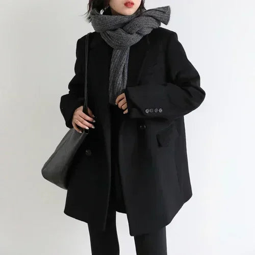 Women's Wool Blend Mid-Length Coat – Office Blazer Overcoat