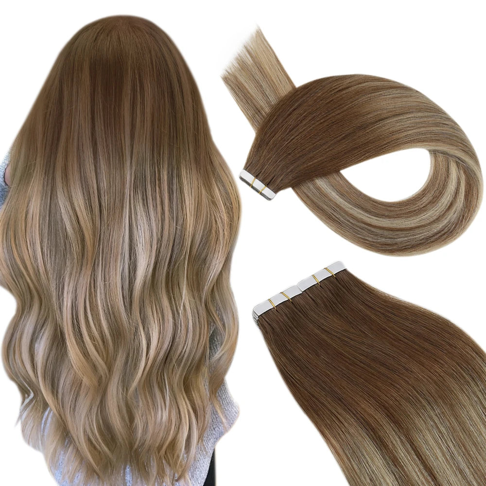 Ugeat Tape Hair Extensions Human Real Natural Brazilian Remy Straight Seamless Skin Weft Women
