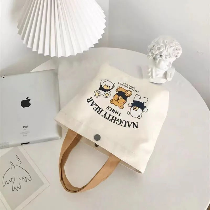 Canvas Tote Bag Women's Cute Bear Print Small Handbag