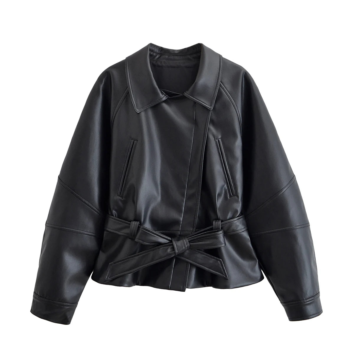 Women's Faux Leather Belted Jacket – Lapel Long Sleeve Coat