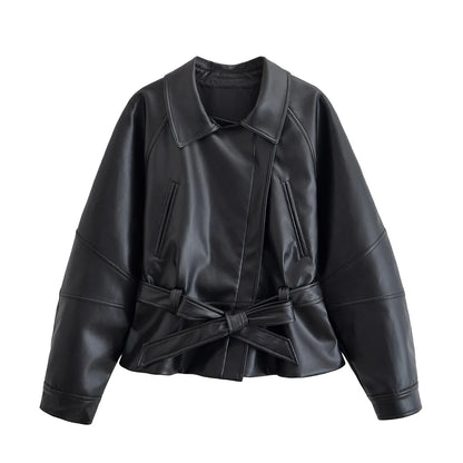 Women's Faux Leather Belted Jacket – Lapel Long Sleeve Coat