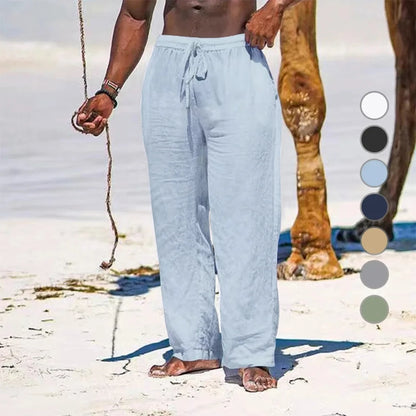 Men's Cotton Linen Drawstring Pants Casual Breathable Summer Trousers
