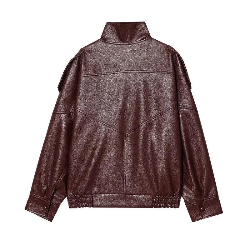 Oversized Faux Leather Bomber Jacket for Women
