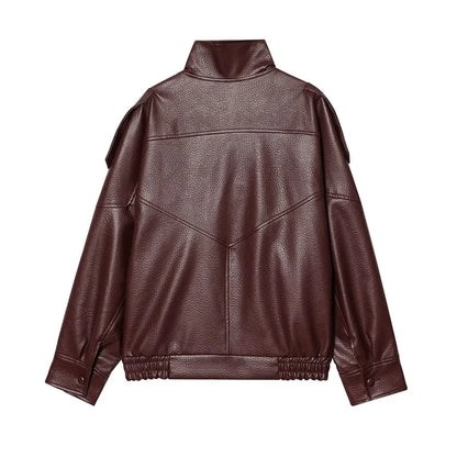 Oversized Faux Leather Bomber Jacket for Women