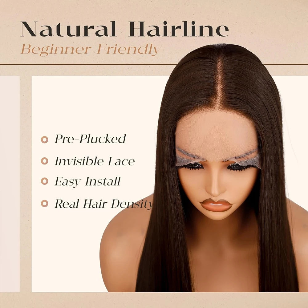 Chocolate Brown Bone Straight Human Hair Wig – 13x6 HD Lace, 180%/200% Density